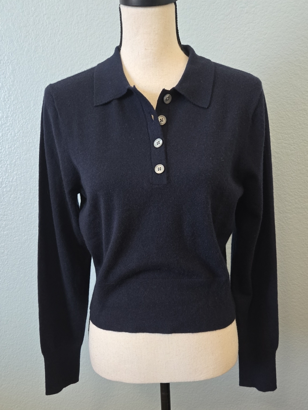 J CREW Featherweight cashmere-blend long-sleeve polo shirt In Navy Sz Medium - Picture 2 of 12
